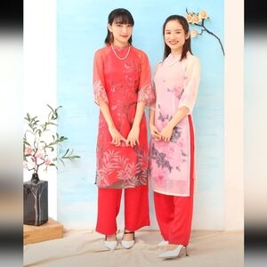 Pink Floral Vietnamese Traditional Dress - Ao Dai
